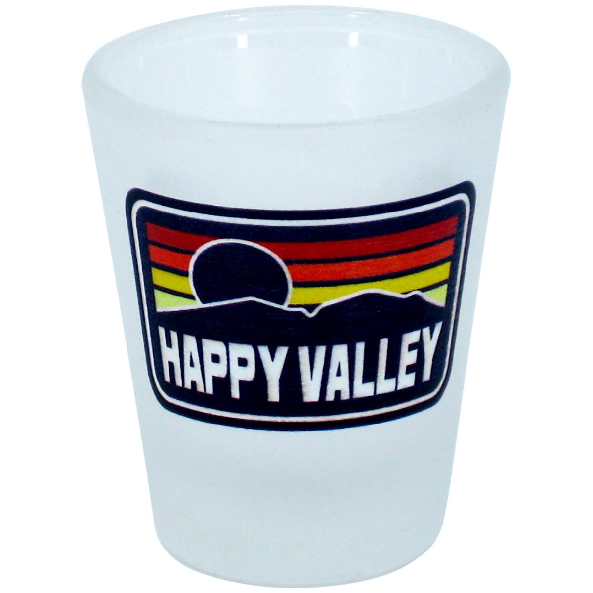 frosted shot glass with Happy Valley graphic